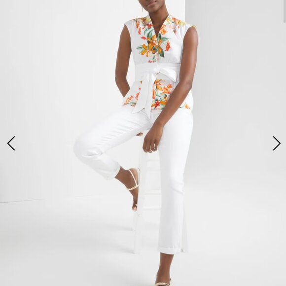 White House Black Market Short Sleeved Tie Waist Blouse S White Tiger Lily - Picture 4 of 12